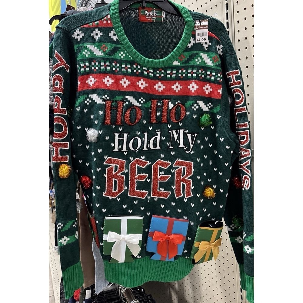 Hoppy Holiday Ho Ho Hold My Beer Mens Christmas Sweater Spencer's Work ShopLight